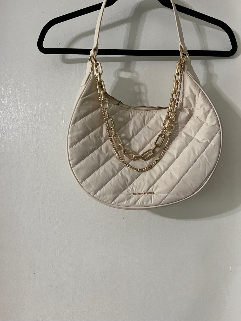 Charles & Keith Cream Quilted Crescent Bag with Gold Chains - Picture 2 of 9